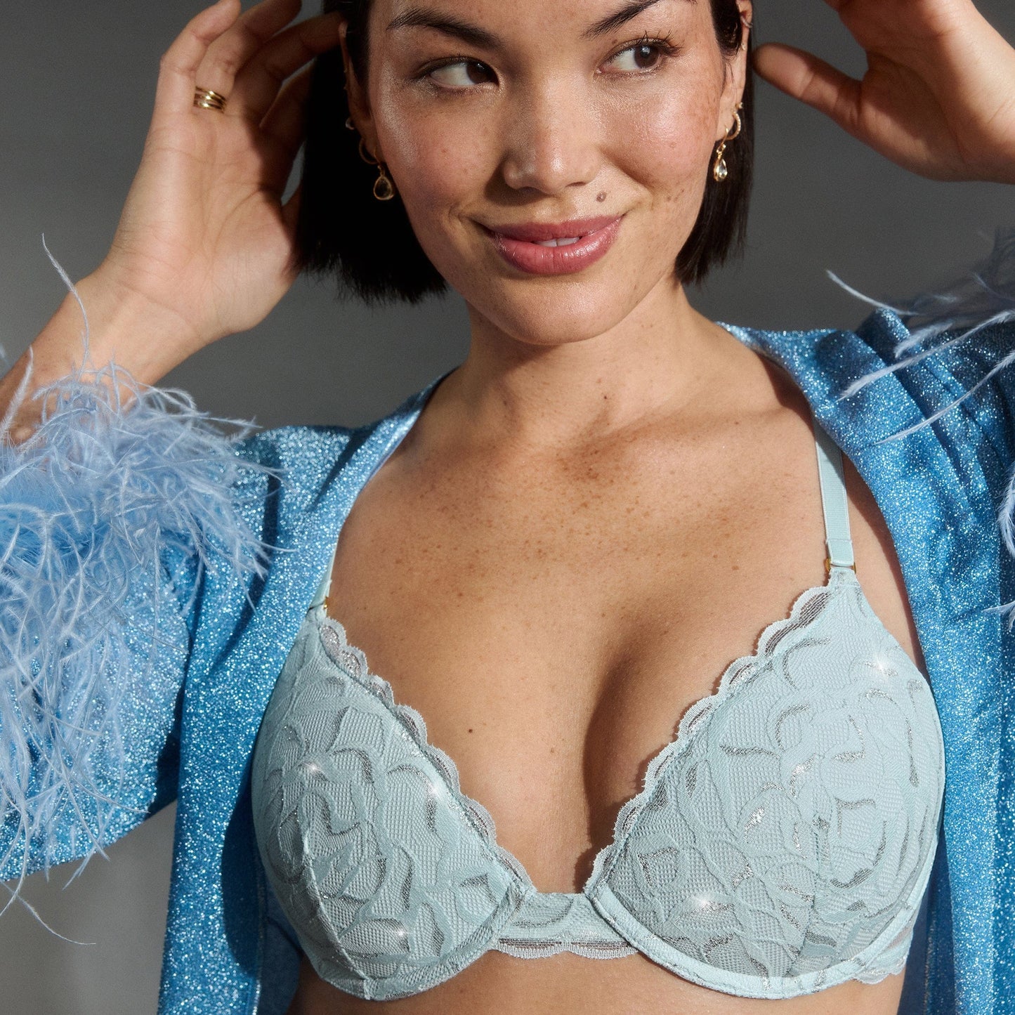 All Over Lace Support Bra Metallic Crystal